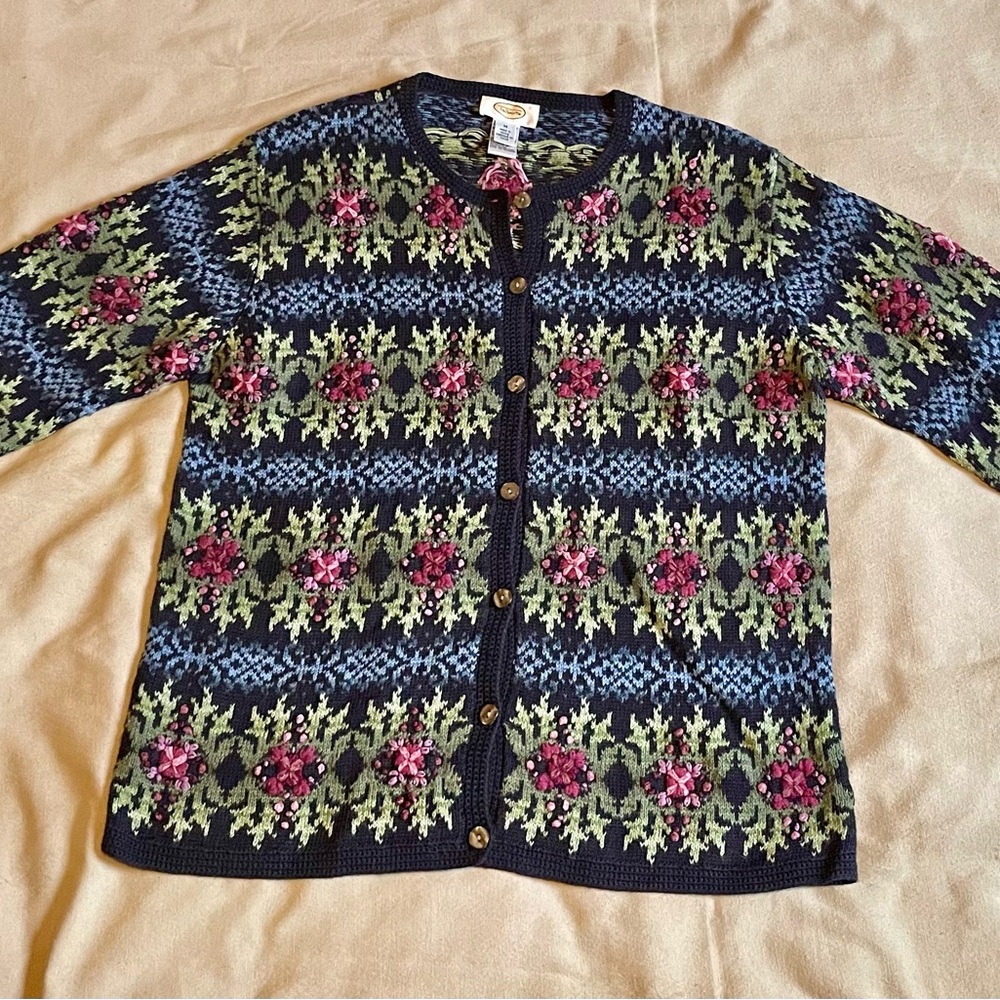1990’s Vintage Talbots Natural Fiber Floral Knit Sweater Classic Cozy Natural